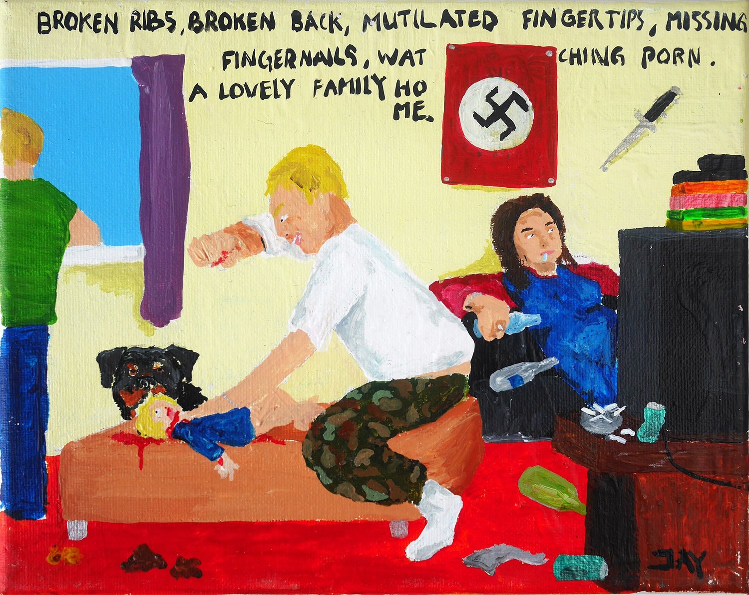 Wrong Art - Bad Painting number 21: Broken ribs, broken back, mutilated fingertips,  missing fingernails, watching porn. A lovely family home. by Jay  Rechsteiner (2013) : Painting Acrylic on Canvas - SINGULART